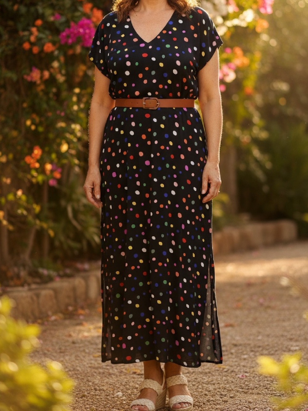 NWT  Eloquii Elements Black Multicolor Polka Dot Lightweight Dress Size 14/16